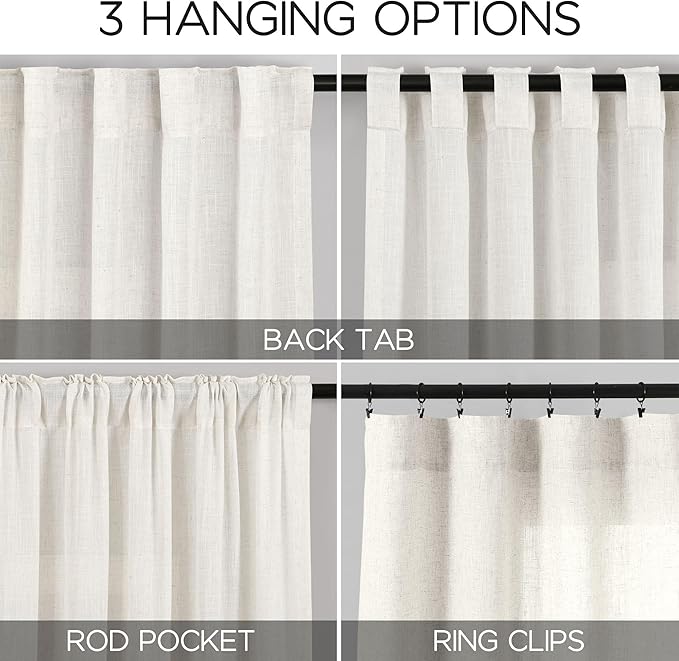 Nanspring Beige White Linen Curtains for Living Room 86 Inches Long Back Tab and Rod Pocket Light Filtering Semi Sheer Curtain Rustic Farmhouse Decor Luxury Drapes for Bedroom Office 52x86, 2 Panels