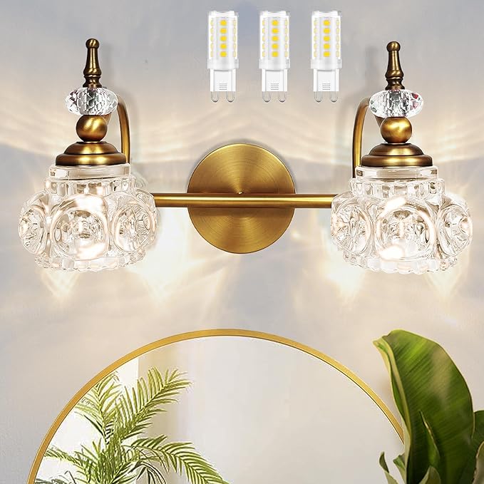Montex Brass Bathroom Light Fixtures, Gold Vanity Light Vintage, Bathroom Vanity Light Fixtures, Wall Sconces Lighting for Bedroom, Living Room, Hallway, 2 Lights