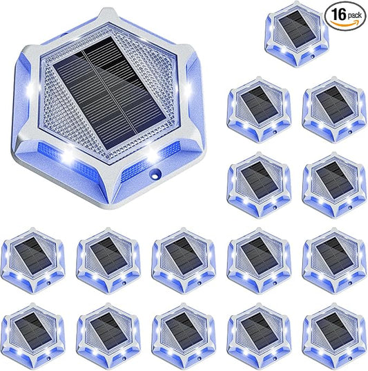 VOLISUN Solar Driveway Lights Dock Outdoor Waterproof Marker Lights,16 Pack Solar Deck Lights 2 Colors in 1 Led Wireless IP67,Solar Blue Deck Lights for Sidewalk Pathway Yard(White/Blue),Auto On/Off