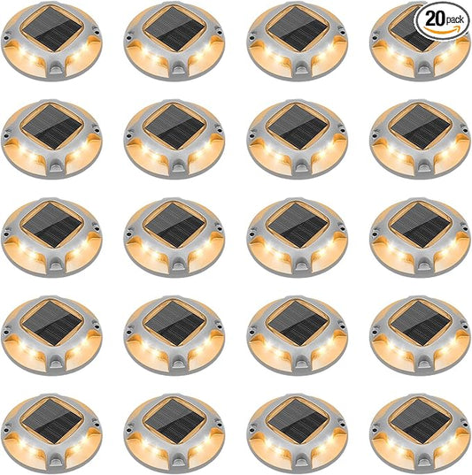 VOLISUN Solar Driveway Lights Dock Marine Lights 20 Pack,2 Colors in 1,Outdoor IP67 LED Deck Light,Solar Powered Waterproof Warning Step Light for Driveway Sidewalk Pathway (White/Warm White)