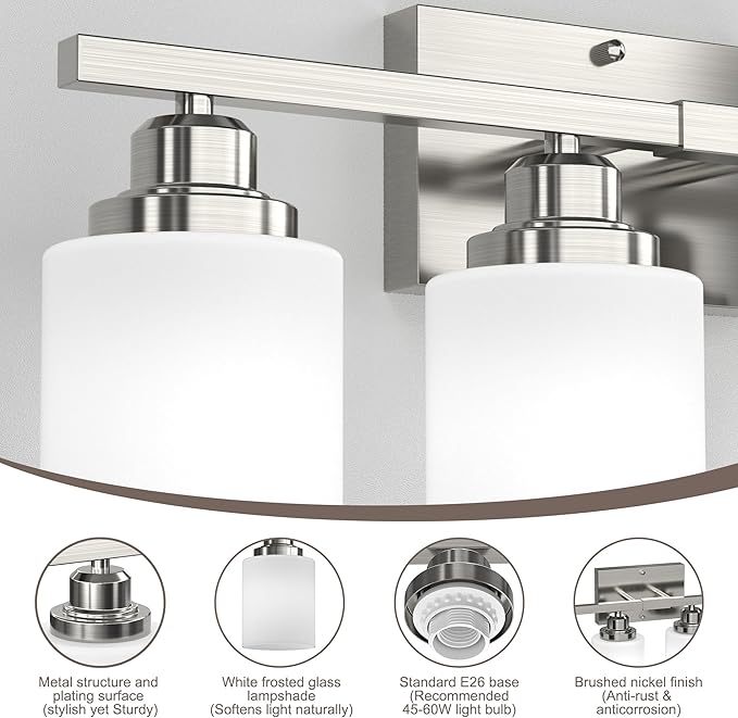 Sailstar Bathroom Light Fixtures, Brushed Nickel Vanity Light Over Mirror, 4-Light Wall Sconces with Milky White Frosted Glass Shades, Wall Lamp for Bedroom, Living Room, E26 Base (Bulbs Not Included)