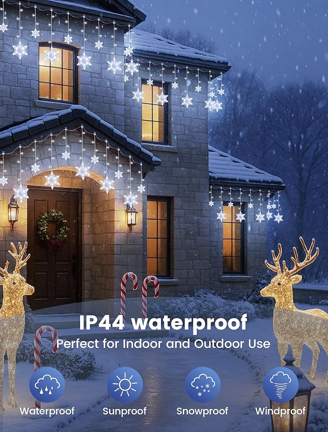Snowflake Icicle Lights,8.2ft 144LED Curtain Fairy Light with 12 Drops,Connectable 8 Mode Timer Snowflake Christmas Lights Plug in for Bedroom,Window,Wedding,Indoor Outdoor Xmas Decor,White