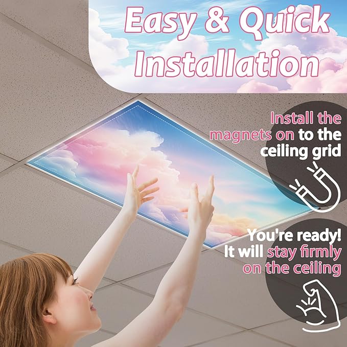 8 Pcs Fluorescent Light Covers with 80 Magnets Decorative for Classroom Ceiling Light 4 x 2 Feet Magnetic Lights Covers Filter Easy Install for Office Hospitals & Home Drop Ceiling Supplies (Cumulus)