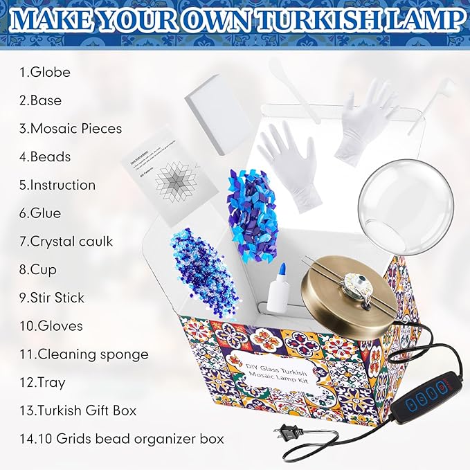 Baquler Turkish Mosaic Lamp Kit DIY Stained Glass Decorative Table Bedside Night Light Tabletop Bohemian Moroccan Lamp Craft Kit for Living Room Decorations (Blue)