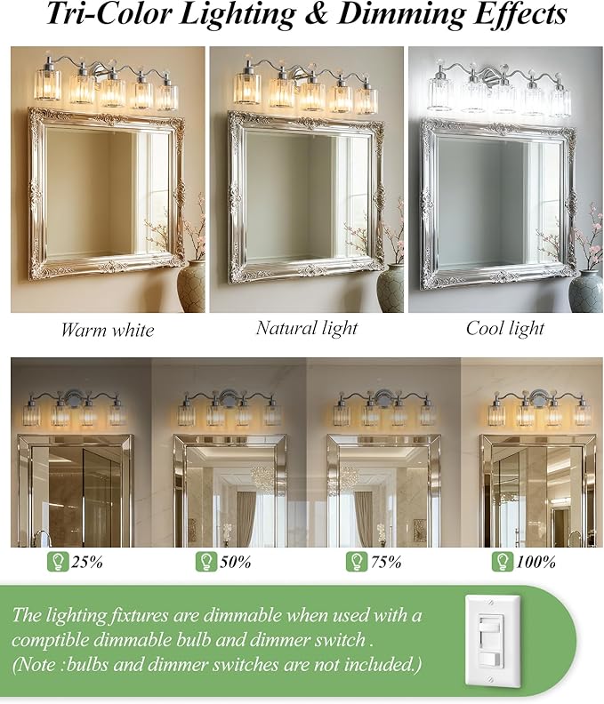 Chrome Bathroom Vanity Light, Modern Crystal Bathroom Ligth Fixture, 4 Light Vanity Lights, Light Fixtures Above Mirror, Wall Lamp for Mirror Living Room Cabinet Bedroom Porch