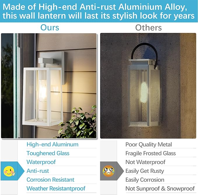 MAXvolador Outdoor Wall Sconce, Exterior Waterproof Lantern Light Fixtures, White Porch Light Toughened Glass, Anti-Rust E26 Patio Lighting, 2 Pack
