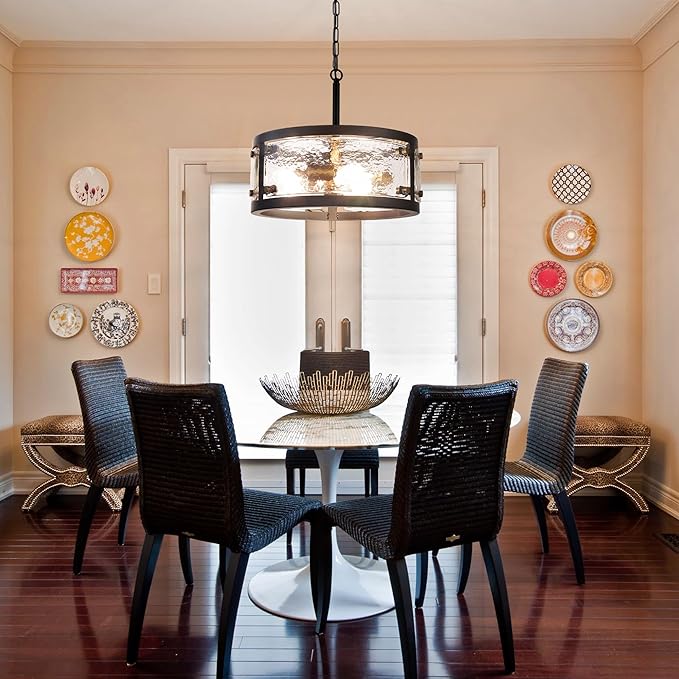 CNRATYE 13" Industrial Drum Glass Chandelier, 3-Light Rustic Hanging Pendant Lights, Metal Round Lighting Fixture for Dining Room Foyer Entryway Hallway Bedroom, Clear Waterglass Drum Shade