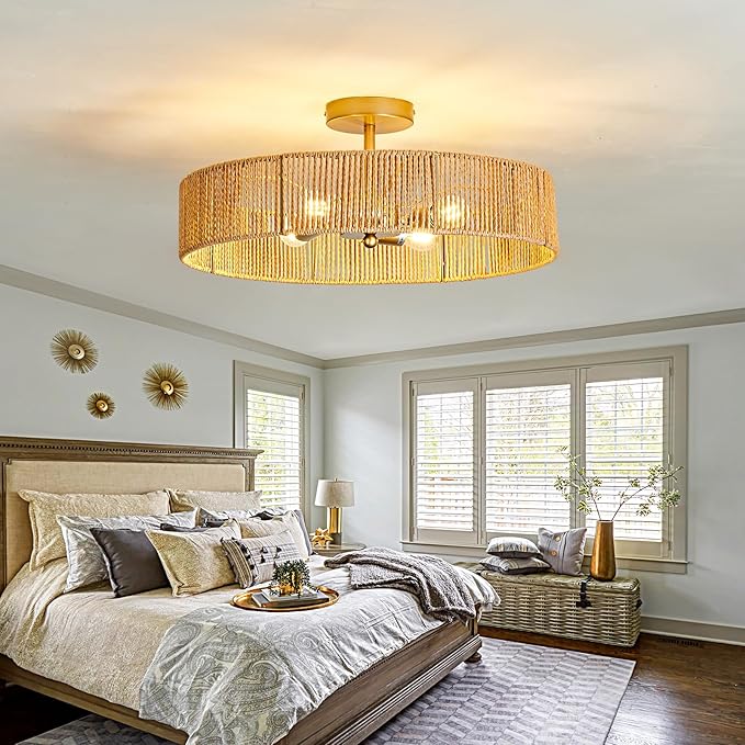 hesoge Boho Rattan Ceiling Light Fixture Vintage Gold Semi Flush Mount Ceiling Light 20 Inches Round 4 Light Chandelier for Farmhouse Hallway Bedroon Living Room Dining Room Kitchen Island
