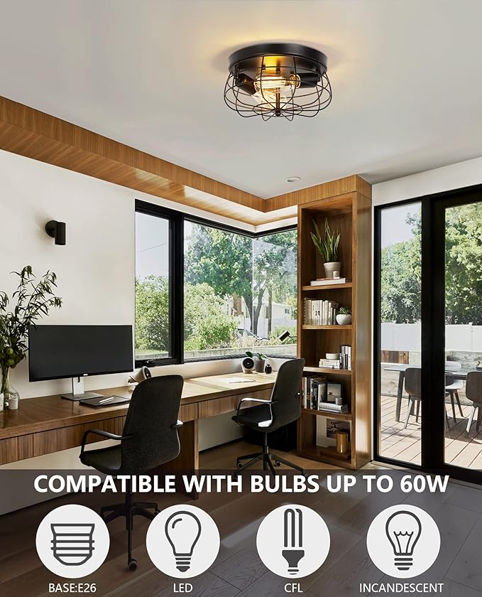 Industrial Black Flush Mount Ceiling Light 2-Light Farmhouse Fixtures Metal Cage Ceiling Lighting for Hallway, Kitchen, Foyer Bedroom Living Room Laundry