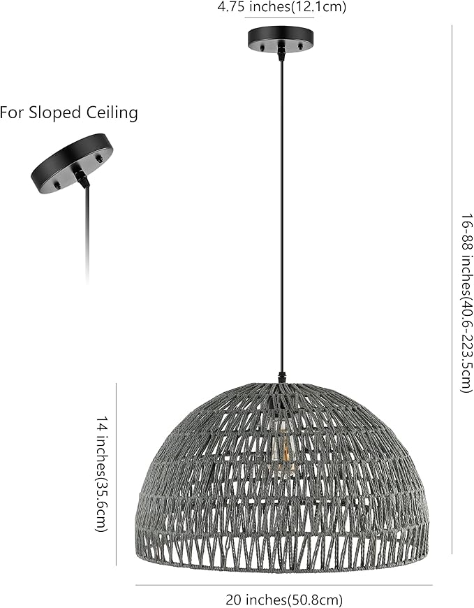 JONATHAN Y 20" Gray Modern Bohemian Woven Rope LED Pendant Light Fixture, Adjustable Dome Ceiling Lamp for Kitchen Island, Rope Shade, Coastal Farmhouse Decor (JYL6504D)