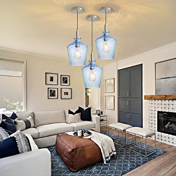 Modern Stripes Blue Glass Pendant Lighting for Kitchen Island 1 Pack, Farmhouse Nickel Pendant Light Fixtures, Height Adjustable Ceiling Pendant Light, 8 Inch