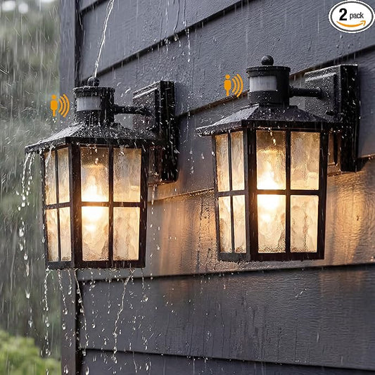 KDG Outdoor Motion Sensor Patio Wall Light Fixtures Set of 2, Black E26 Socket Waterproof Lanterns with Tempered Glass, Modern Wall Mounted Lamps Suitable for Home, Front Door, Garage, Porch