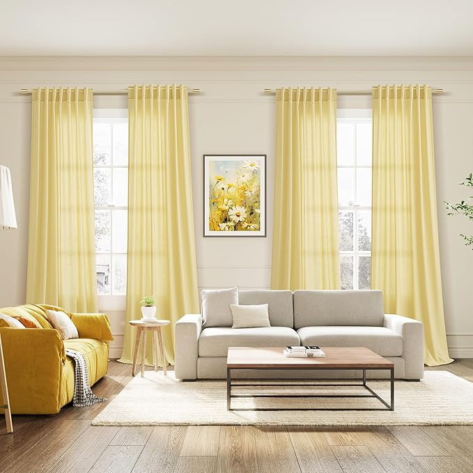 Yellow Linen Curtains 102 Inches Long for Living Room 2 Panel Set Back Tab Rod Pocket Semi Sheer Curtain Light Filtering Burlap Extra Long Drapes Neutral Farmhouse Decor for High Window 52x102
