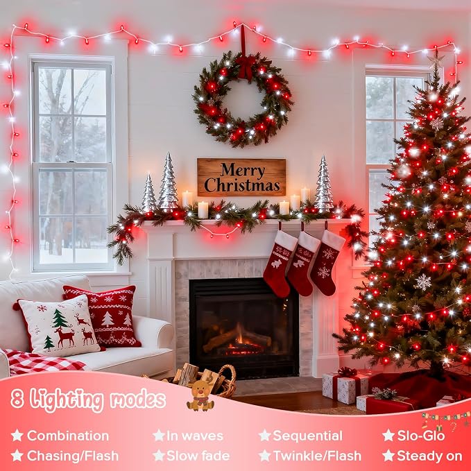 JMEXSUSS 2 Pack 100 LED Red and White Christmas Lights Outdoor, 8 Modes Connectable String Lights Indoor, LED Christmas Tree Lights Plug in for Xmas House Party Bedroom Decorations