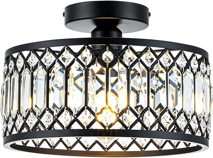 Mayful Modern Crystal Ceiling Light,Black Seim Flush Mount Lighting Fixtures,Round Hallway Light Fixtures for Entryway Bedroom Kitchen Laundry Room,11 Inch