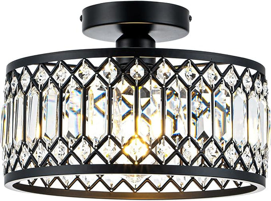 Mayful Modern Crystal Ceiling Light,Black Seim Flush Mount Lighting Fixtures,Round Hallway Light Fixtures for Entryway Bedroom Kitchen Laundry Room,11 Inch