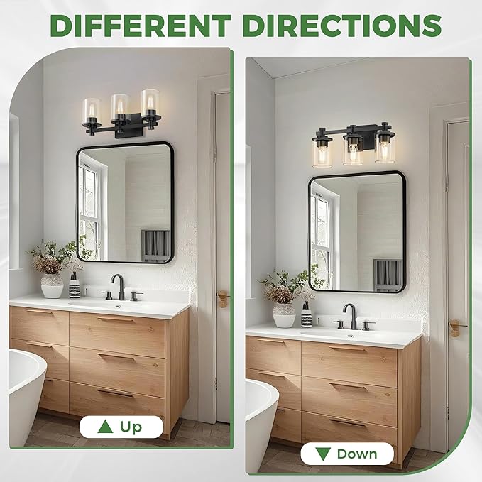 DORESshop 20 Inch Bathroom Light Fixtures, 3-Light Upgraded Matte Black Bathroom Lighting Fixtures Over Mirror with Clear Glass Shade, Vanity Lights for Bathroom Living Room Bedroom, ETL Listed
