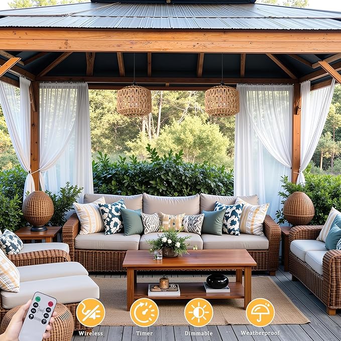 Battery Operated Outdoor Chandelier, Battery Power Hanging Pendant Lights, Woven Rattan Gazebo Light Outdoor Waterproof, for Gazebo, Pergola, Porch, Indoor Outdoor Decor Lighting (7.8")