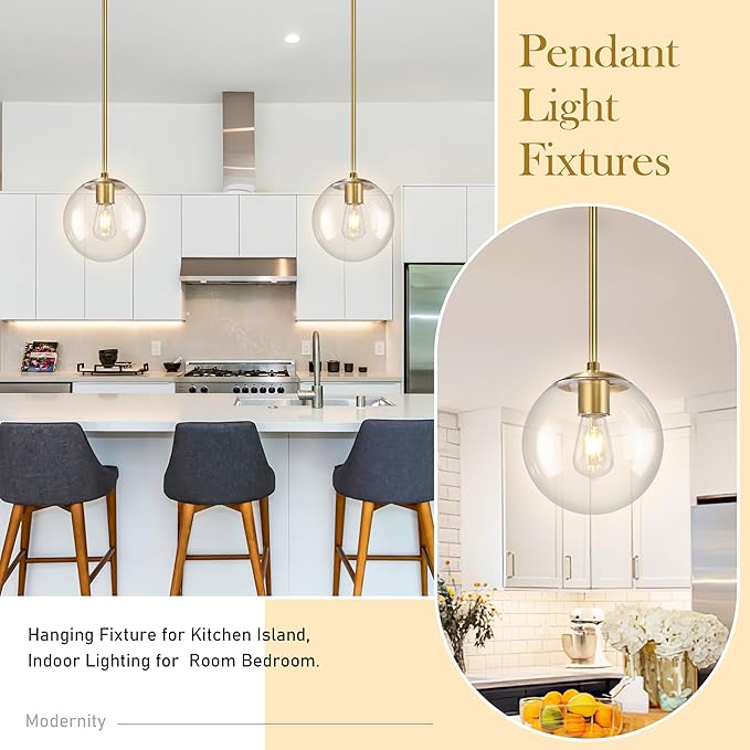 Bagood 10" Globe Pendant Light Gold 2 Pack Mid Century Pendant Light Globe Pendant Lights Kitchen Island Brushed Brass Finished with Clear Glass Adjustable Ceiling Light Fixtures for Dining Room Bar