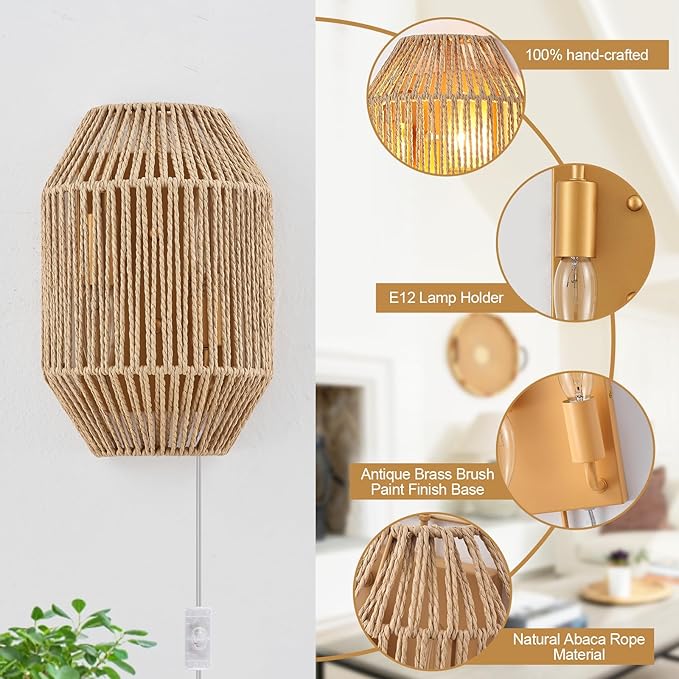 Natural Rattan Plug-in Wall Sconce Set of 2, with Boho Woven Wicker Shade Antique Brass Brush Paint Finish for Vanity Stairway Fireplace Living Room Bedside Passway Hallway