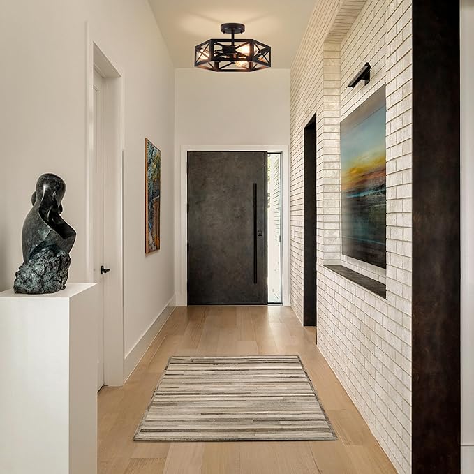 Rustic Foyer Lighting Fixtures, Industrial Semi Black Hexagon Black Farmhouse Kitchen Lighting Fixtures Ceiling for Bedroom Hallway Bathroom 14.5 in
