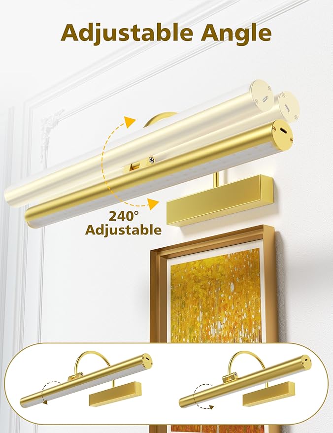 VOLISUN Picture Lights for Wall, 16 inch Rechargable Picture Light Battery Operated, 3 Color Temperatures Cordless Picture Light with Remote, Art Light for Paintings, Gallery, Portrait, 2 Pack (Gold)