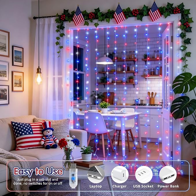 JMEXSUSS 200 LED Red White and Blue Curtain Lights, 6.5ft x 6.5ft 4th of July Lights USB Plug in, 8 Modes Patriotic Hanging Curtain String Lights with Remote for Memorial Day Independence Day Decor