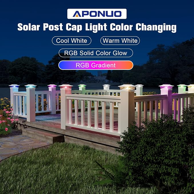 APONUO Solar Post Cap Lights with 8 RGB Solid Colors & Multicolor Flow - 4 Pack Fence Post Solar Lights, IP65 Waterproof - Fits 4x4 5x5 6x6 Wood & Vinyl Posts - White