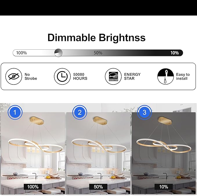 Modern Led Pendant Light, Dimmable Gold LED Chandelier for Dining Room Light Fixture Over Table Modern Kitchen Island Lighting, Height Adjustable Ceiling Light