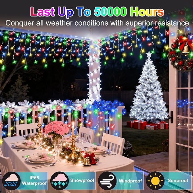 810LED 82FT Christmas Lights, 180Drops 12 Modes Multicolor Christmas String Lights Outdoor Dimmable, Waterproof Christmas Decoration Fairy Lights with Timer for Indoor Eaves Party Patio Window Fence
