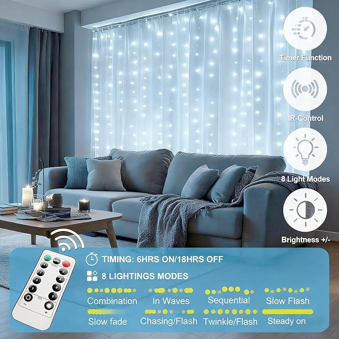Fairy Curtain Lights Upgraded Tangle-Free Cool White USB Plug in 8 Modes String Hanging Lights with Remote for Christmas, Bedroom, Indoor, Outdoor, Weddings, Party (6.6FTx6.6FT)
