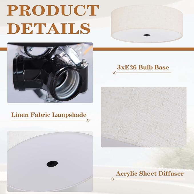 Bagood 16 Inch 3-Light Drum Modern Black Ceiling Light Fixture Flush Mount Ceiling Light Fixture Dimmable Close to Ceiling Light Fixture with Fabric Shade for Living Room Hallway Entryway Bedroom