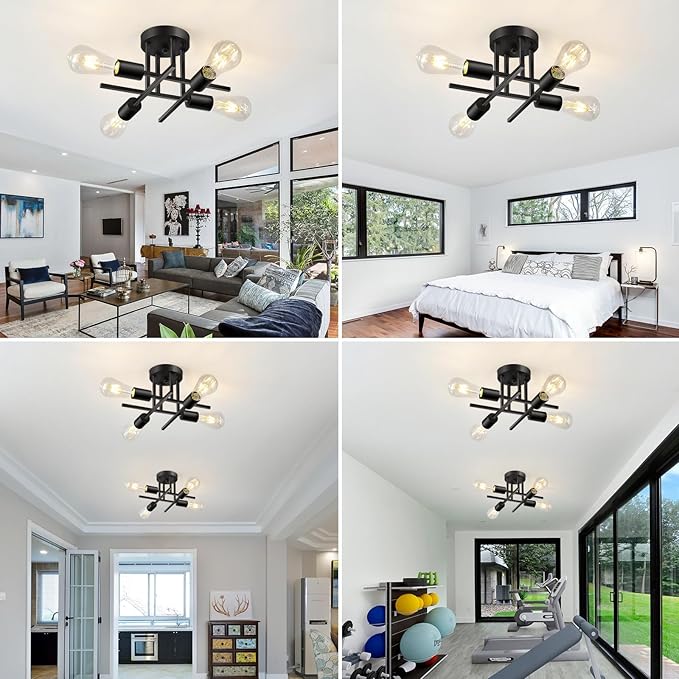EGM Kitchen Ceiling Light Fixtures Matte Black, 4-Light Modern Sputnik Chandelier with E26 Bulb Base, Close to Ceiling Light for Dining Room Farmhouse Kitchen Bedroom (2 Pack)