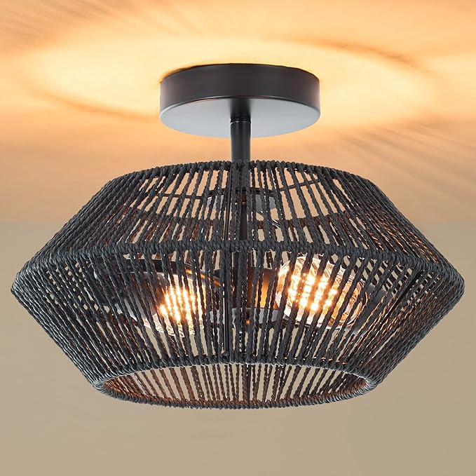 2-Lights Woven Rattan Ceiling Light Fixture, Black Farmhouse Hand-Woven Cage Semi Flush Mount Ceiling Light, Small Boho Coastal Basket Close to Ceiling Light for Bedroom Hallway Nursery Entryway