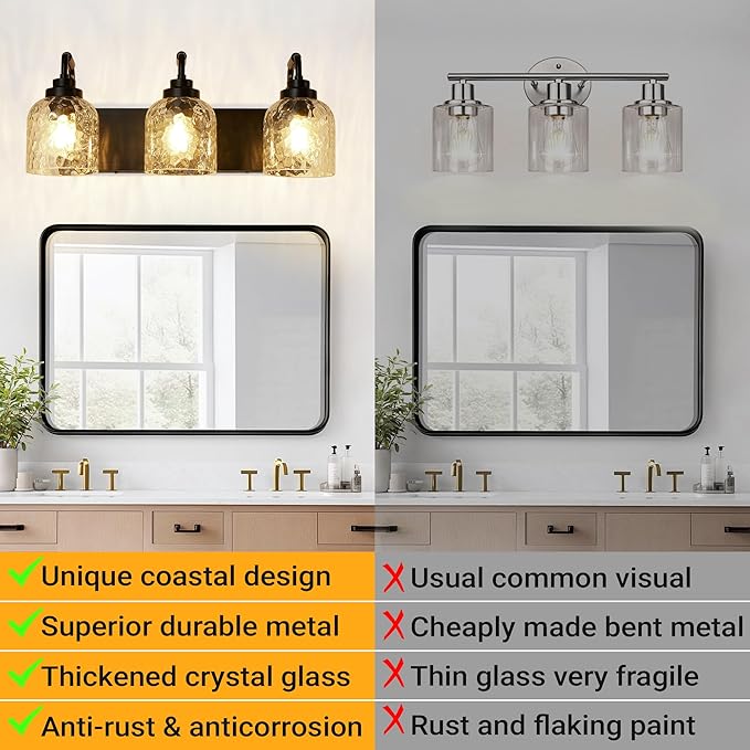 WJShome 3-Light Black Bathroom Vanity Light, Modern Vanity Lighting Fixture for Bathroom, Coastal Vanity Lights with Crystal Glass Shade, for Mirror Bedroom Hallway