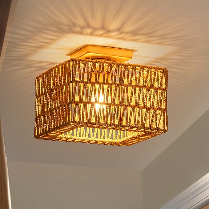 Rattan Ceiling Light, Gold Boho Light Fixture, Square Flush Mount Ceiling Light for Bedroom, Hallway, Entryway, Kitchen, Cabinet