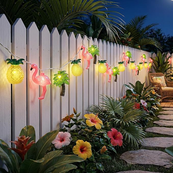 PASUTO Summer Beach Hawaiian String Lights, 10 LED Tropical String Lights, Hawaiian Tropical Beach Pool Party Decorations, Flamingo Pineapple Palm Tree Light Indoor Outdoor, Connectable Plug