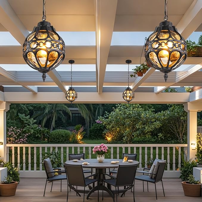 Dusk to Dawn Globe Outdoor Pendant Lights,Vintage Exterior Hanging Pendant Light Fixtures with Adjustable Chain, Aluminum Black Outdoor Chandelier for Porch, Gazebo,with Sensor,General