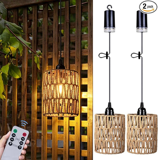 Battery Operated Chandelier, Battery Hanging Pendant Light, Rattan Lights with Warm White Bulb, 4*AA Battery Powered, for Gazebo Pergola Porch Patio Outdoor Indoor Decor (2)