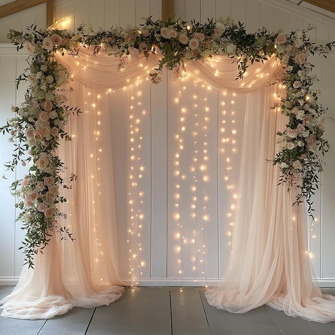 10x10ft Champagne Tulle Backdrop Curtain with Lights String Sheer Drapes for Wedding, Birthday, Baby Shower, Bridal Shower, Photo Booth, Party, Home Decor (2 Panels)