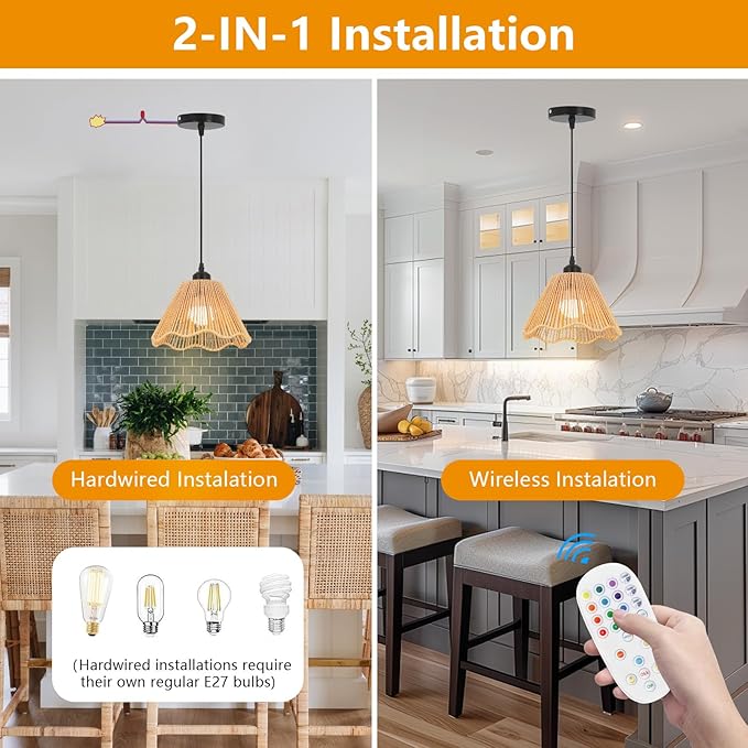 Boho Battery Operated Pendant Lights,Rechargeable Pendant Light with Remote,Rattan Pendant Light Fixtures for Kitchen Island,Boho Hanging Lights for Dining Room Bedroom Hallway Entryway(2 Pack)
