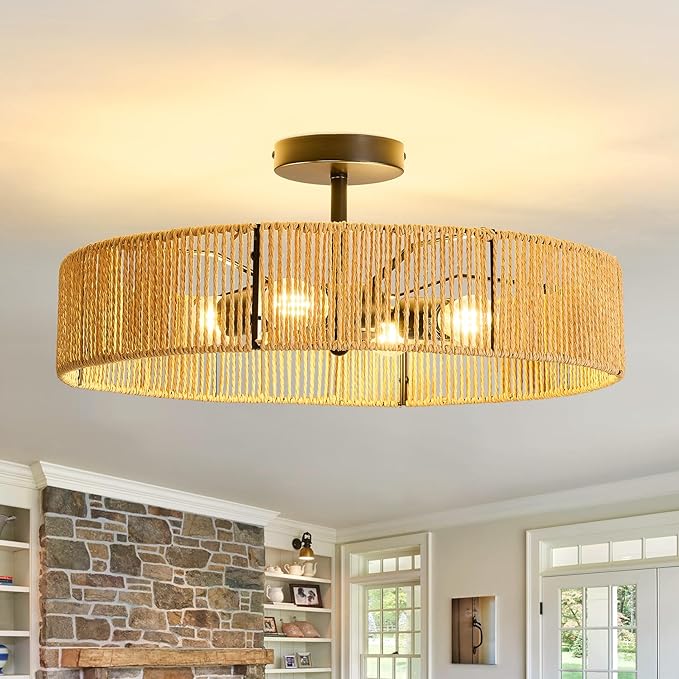 hesoge Boho Rattan Ceiling Light Fixture Rustic Black Semi Flush Mount Ceiling Light 20 Inches 4 Light Woven Chandelier for Farmhouse Hallway Bedroon Living Room Dining Room Kitchen Island