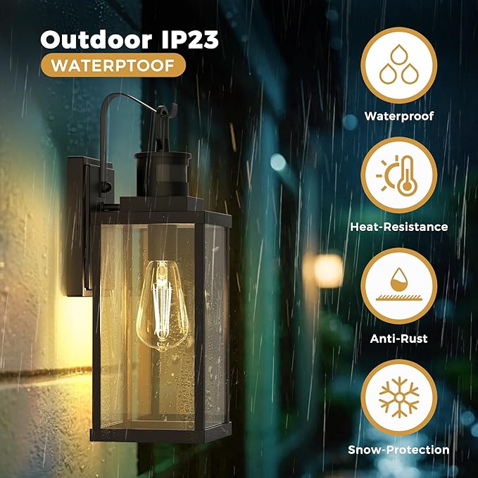 DORESshop Large Size Motion Sensor Outdoor Wall Lights, 16 Inch Matte Black Waterproof Anti-Rust Outdoor Light Fixtures Wall Mount with Clear Glass Shade for Porch, Garage, ETL Listed, 2 Pack