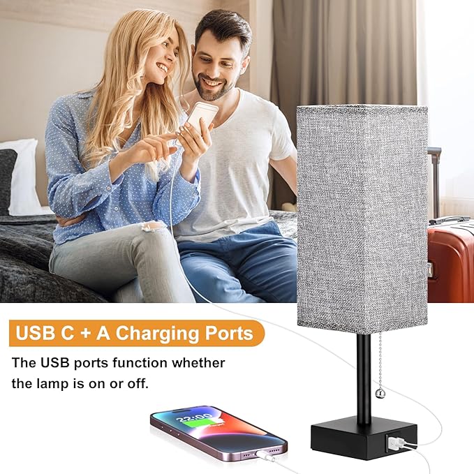 aooshine Bedside Table Lamps Set of 2 - Gray Bedroom Lamps with 3 Color Temperatures (3000K/5000K/4000K), Square Nightstand Light with USB C + A Charging Ports, Pull Chain Small Night Light