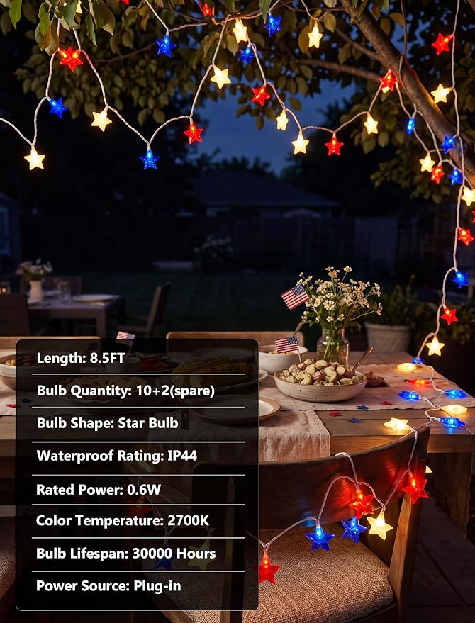 10 LED Red White Blue Star String Lights Outdoor, 8.5Ft 4th of July Decorations Lights Waterproof, Connectable Plug in Patriotic Star Fairy Lights for Home Patio Independence Day Memorial Day Flag Day