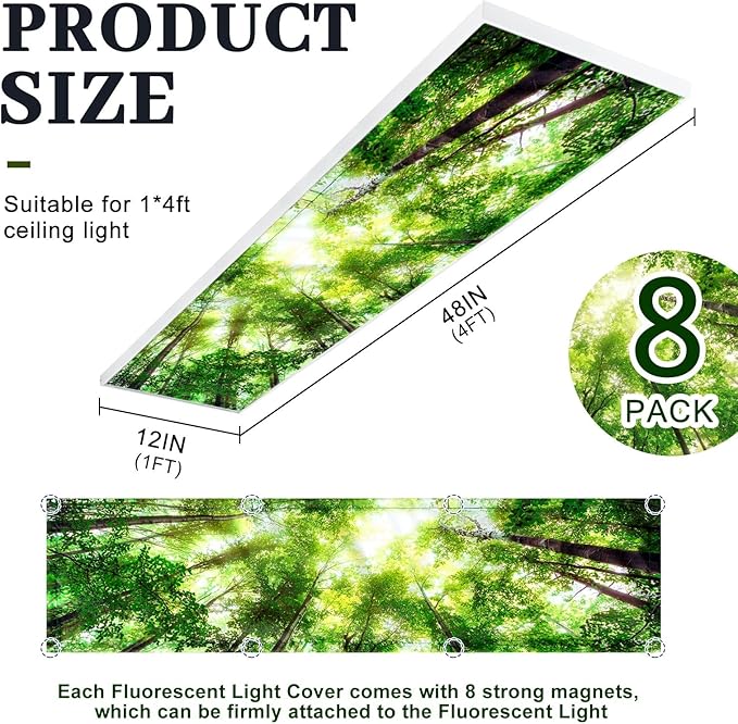 8 Pcs 1 x 4 Feet Fluorescent Lights Covers Magnetic Ceiling Light Cover with 8 Magnets Fluorescent Light Filters for School Classroom Home Drop Lamp Decor (Forest)