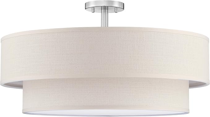 6 Lights 26 Inch Semi Flush Mount Close to Ceiling Light Fixture,Cream Fabric Shade Brushed Nickel Finish for Bedroom,Living Room,Dining Room Hallway