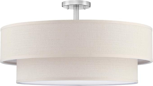 6 Lights 26 Inch Semi Flush Mount Close to Ceiling Light Fixture,Cream Fabric Shade Brushed Nickel Finish for Bedroom,Living Room,Dining Room Hallway