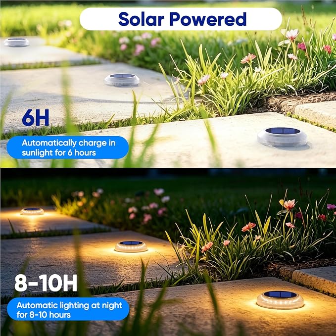 YiLaie Solar Dock Lights Outdoor Waterproof Stick on Deck Step Lights for Outside Solar Powered Driveway Marker Flat Stair Concrete Ground Walkways Pathway Sidewalk Auto On/Off (Warm White, 6 Pack)