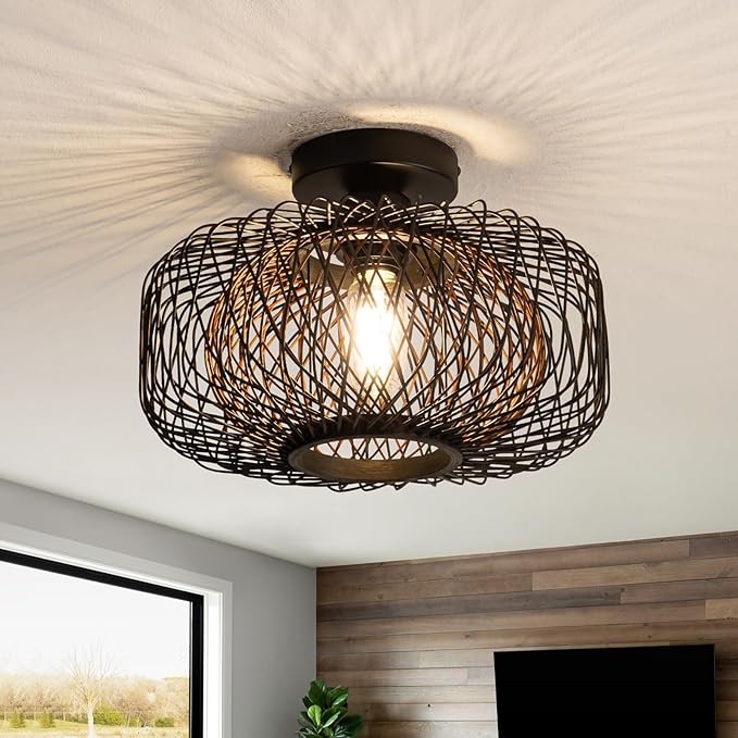 13" Black Boho Rattan Ceiling Light - Handwoven Bamboo Shade, Matte Black Base, Flush Mount Farmhouse Lighting for Bedroom, Living Room (Brown Interior, E26)
